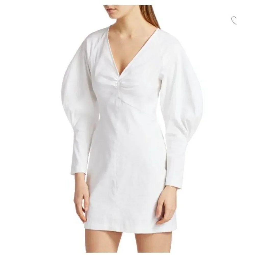A.L.C. Womans Aila Gesso Dress Size 4 White V-Neck Puff Sleeve Linen Blend NWT
